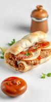 Delicious torta with savory filling garnished with fresh cilantro and served with spicy sauce photo