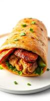 Deliciously wrapped tortilla filled with grilled chicken, spicy sausage, and fresh vegetables at a cozy eatery photo