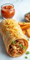 Delicious burrito with chicken, cheese, and sides served in a bright setting with salsa and crispy fries photo