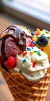 Deliciously colorful ice cream cone topped with chocolate sauce and fresh berries in a vibrant setting photo