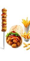 Delicious kebab skewer with juicy meatballs and fresh vegetables beside a wrap and golden fries photo