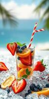 Refreshing fruit cocktail served over ice with ocean view during a sunny day photo