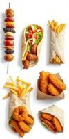 Variety of fast food options featuring wraps, fries, and skewers prepared for a casual dining experience photo