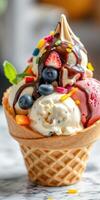 Delicious ice cream sundae with assorted toppings in a waffle cone enjoyed on a sunny day photo