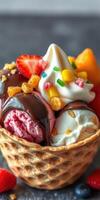 Delicious ice cream sundae served in a waffle cone with colorful toppings and fruits photo