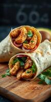 Delicious chicken wraps filled with fresh ingredients served on a wooden board photo