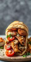 Grilled chicken wrap filled with fresh vegetables and served with fries at a casual dining spot photo