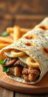 Delicious wrap filled with grilled meat and cheese served with crispy fries in a casual eatery photo