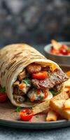 Delicious wrap filled with grilled meat and fresh vegetables served with crispy fries on a wooden platter photo