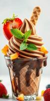 Delicious chocolate soft serve topped with fresh fruit and mint in a clear cup with a waffle cone photo