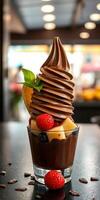 Delicious chocolate soft serve topped with fresh fruits in a cozy dessert shop setting photo