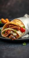 Delicious chicken wrap with fresh tomatoes and herbs placed elegantly on a black plate photo