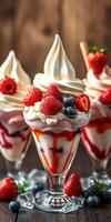 Delightful summer desserts featuring fresh berries and creamy swirls presented in elegant glass cups photo