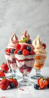 Delicious ice cream sundaes topped with fresh berries and whipped cream in a bright setting photo