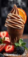 Delicious chocolate soft serve with fresh strawberries and mint leaves garnished with citrus slice photo