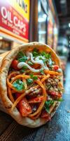 Delicious wrap filled with noodles, fresh vegetables, and flavorful sauce in a bustling market setting photo