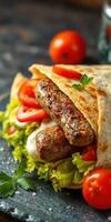 Savory grilled sausages wrapped in fresh flatbread with salad and cherry tomatoes at a vibrant food setting photo