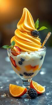 Delicious mango soft serve topped with fresh fruit and mint leaves in a dessert glass ready to be enjoyed photo