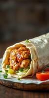 Delicious chicken wrap filled with fresh vegetables on a wooden table photo