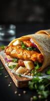 Delicious chicken wrap with fresh vegetables served on a wooden board photo