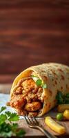 Delicious chicken wrap with fresh herbs and spices served on a wooden table photo