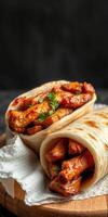 Delicious grilled chicken wraps with flavorful sauces and fresh herbs on a wooden platter photo