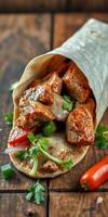 Delicious skewered meat wrapped in a soft tortilla with fresh herbs and vegetables stands out on a rustic wooden surface photo