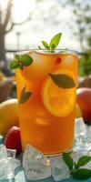 Refreshing summer beverage with mint and citrus displayed on a sunny day outdoors photo