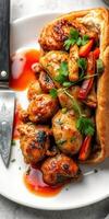 Savory grilled chicken served with colorful vegetables in a toasted bun at a cozy eatery photo