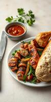 Grilled chicken and sausage served with fresh salad and bread at a dining table photo