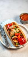 Tasty grilled chicken sandwich with fresh vegetables served on a white plate with dipping sauce photo