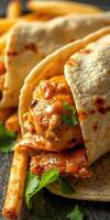 Delicious chicken wrap served with crispy fries on a dark surface in a casual setting photo