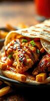 Grilled chicken tacos served with fries and flavorful sauces in a vibrant setting photo
