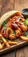 Grilled chicken wrap with sauce and fries served on a wooden platter during lunchtime photo
