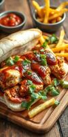 Delicious chicken sandwich topped with savory sauce and fresh herbs served with crispy fries photo