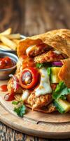 Delicious chicken wrap with fresh vegetables and sauce served with fries and salsa on a rustic wooden table photo