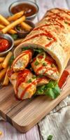 Delicious chicken wrap served with crispy fries and tangy sauces on a wooden board photo