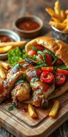 Delicious grilled chicken sandwich with fresh vegetables and crispy fries on a wooden board photo
