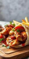 Juicy grilled chicken wraps with fresh vegetables and crispy fries served on a wooden board photo