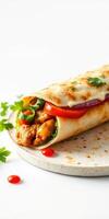 Delicious wrap filled with spicy grilled chicken and fresh vegetables served on a light plate photo