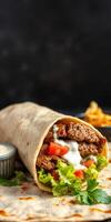 Delicious wrap filled with seasoned meat, fresh vegetables, and creamy sauce served on a dark background photo