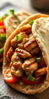 Grilled chicken wraps with fresh tomatoes and green onions served on warm flatbread photo