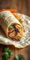 Delicious chicken wrap with fresh vegetables served on a wooden table photo