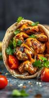 Grilled chicken wrap with sauce and fresh toppings served with cherry tomatoes photo