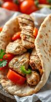 Savory grilled chicken wrap with fresh vegetables and herbs in a warm flatbread photo