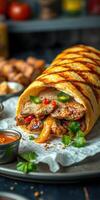 Savory wrap filled with grilled chicken, peppers, and sauce served with crispy sides photo