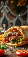 Delicious grilled chicken wrap served with crispy fries in a vibrant dining setting during the evening photo