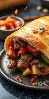Delicious burrito filled with grilled meat, fresh vegetables, and savory sauces served on a dark plate photo