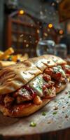 Delicious sandwich filled with grilled chicken and toppings served with crispy fries in a cozy setting photo