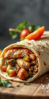 Delicious wrap filled with grilled chicken, fresh vegetables, and herbs served on a rustic wooden board photo